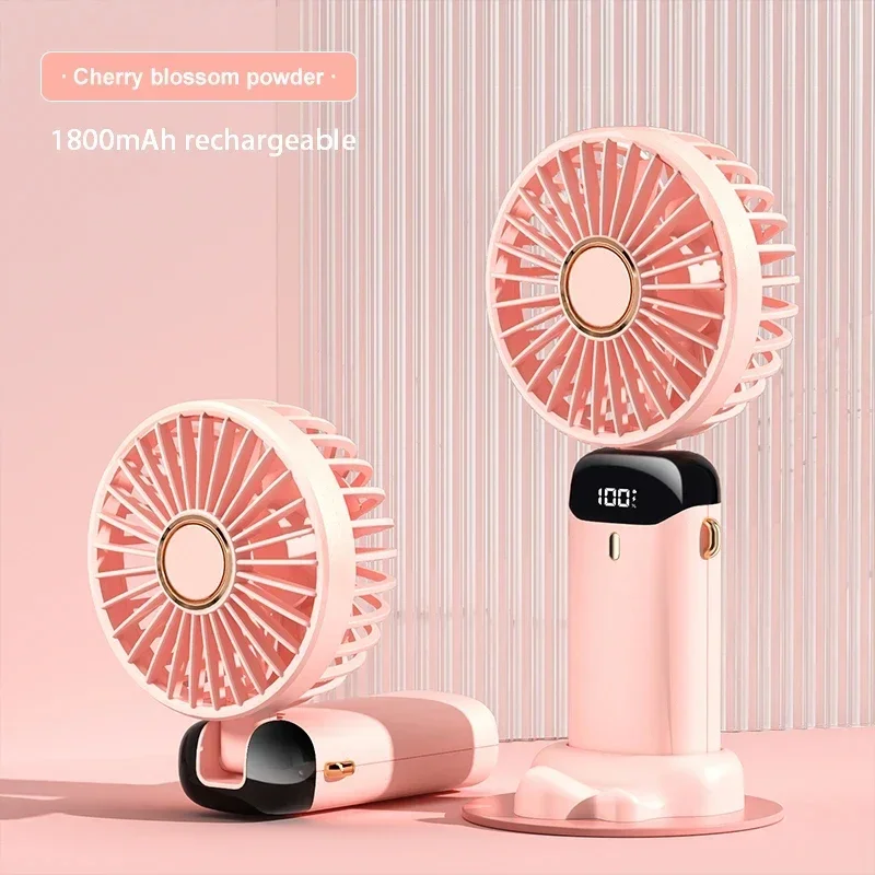 Mini ventilador portátil de mano, ventiladores plegables para colgar en el cuello, ventilador recargable por USB de 5 velocidades con soporte para teléfono y pantalla de visualización de 1800mAh: Rosa