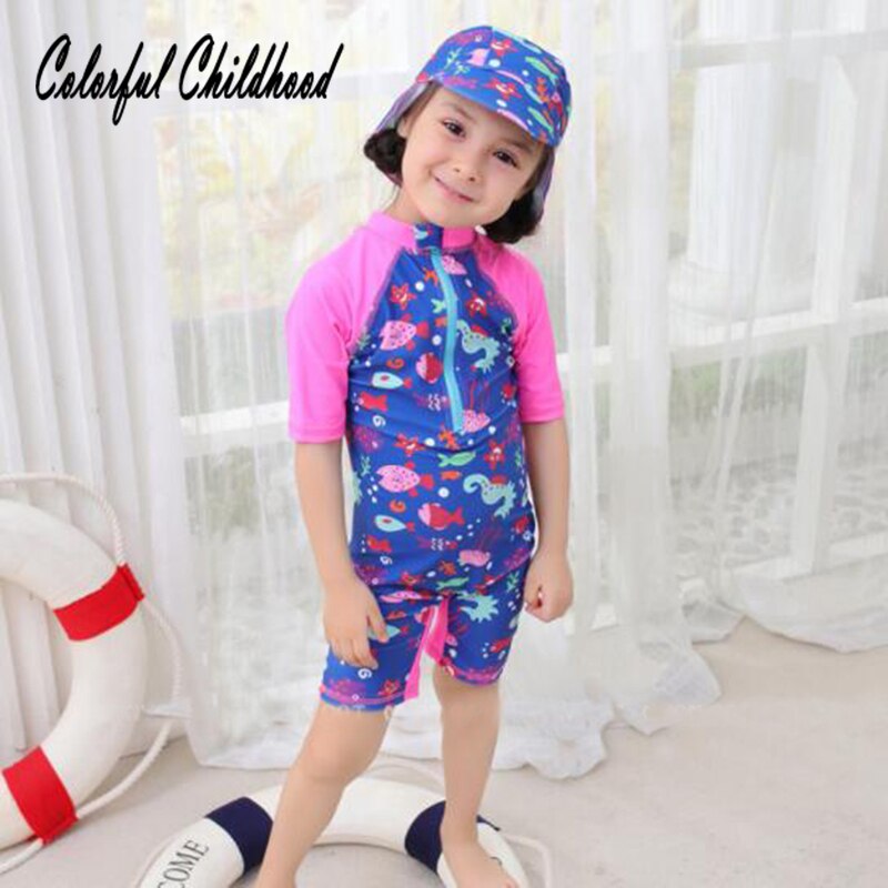 Colorful Childhood Baby Girl Swimwear Rose Red Jumpsuit Swimsuit Half Sleeve 2PCS Kids Colorful Fish One Piece Swimsuit 3-7 Yrs
