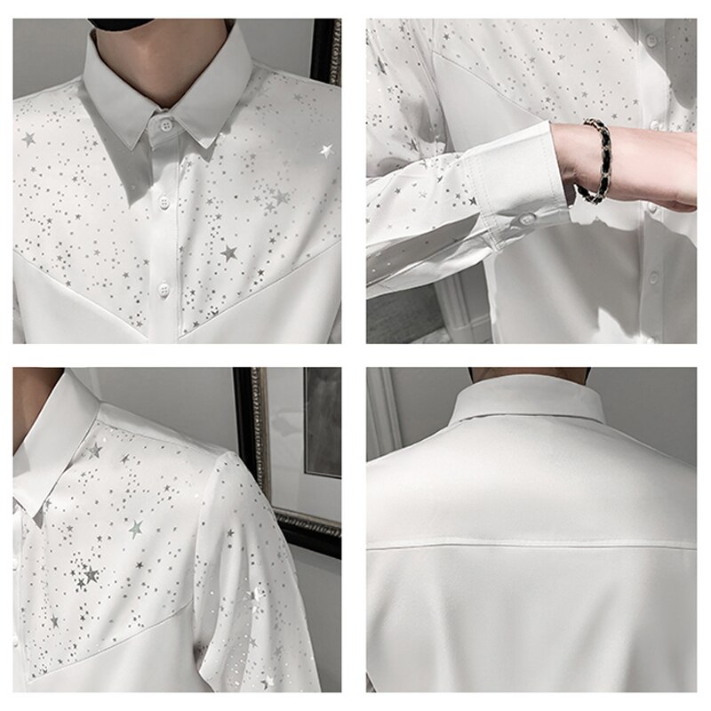 Star Printed Polka Dot Shirts Tops Men Long Sleeve Casual Male Silk Shirt Party Bar Slim Fit Floral Mens Clothing