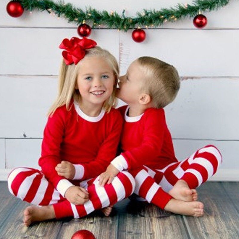 Efterår vinter 2 stk toddler børn langærmet rødt sæt baby drenge piger stribet tøj jul pyjamas nattøj sæt: 4t