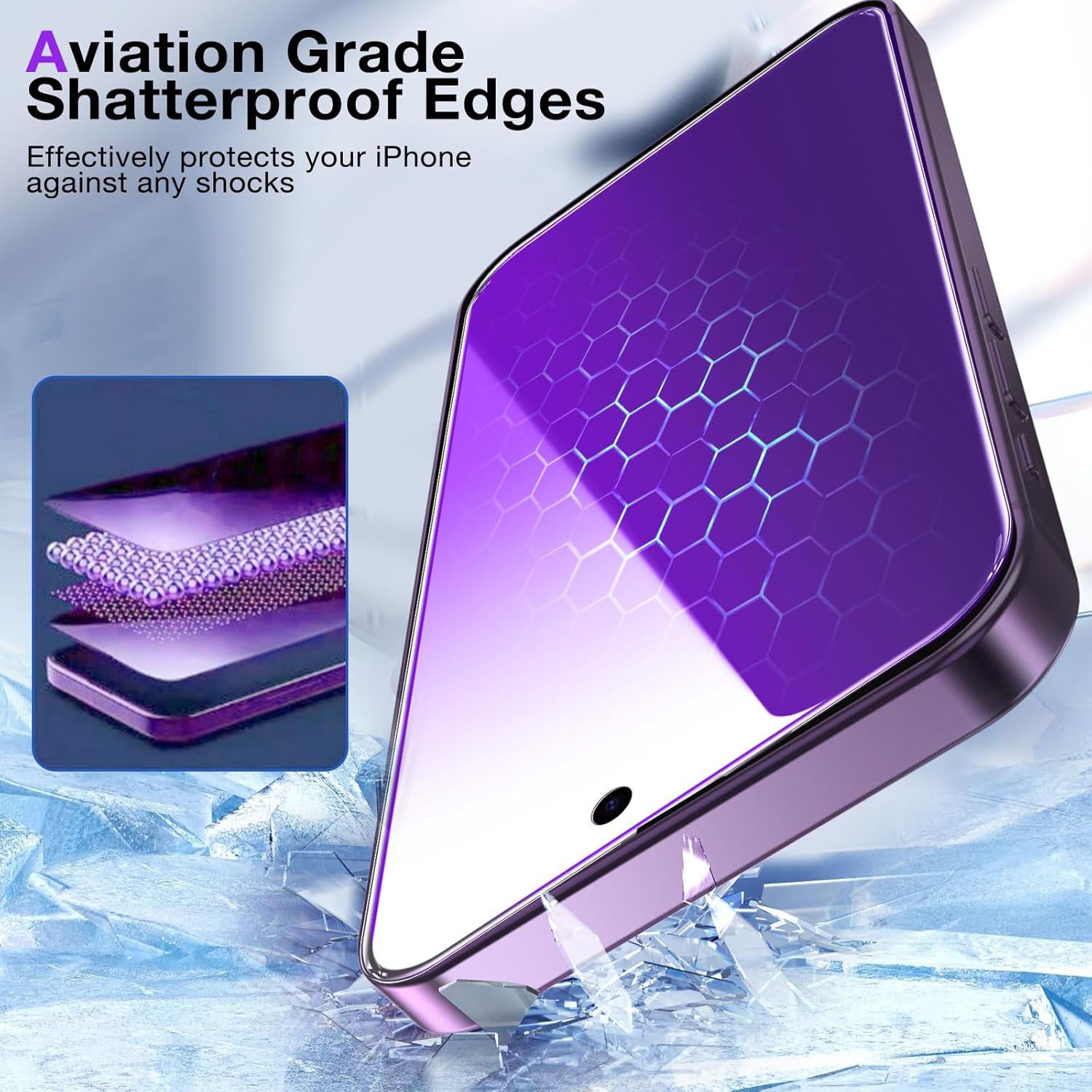 Paquete de 2 protectores de pantalla de privacidad compatibles con iPhone 16 15 14 13 12 11 Pro Max, película de vidrio templado púrpura 9H, antiluz azul