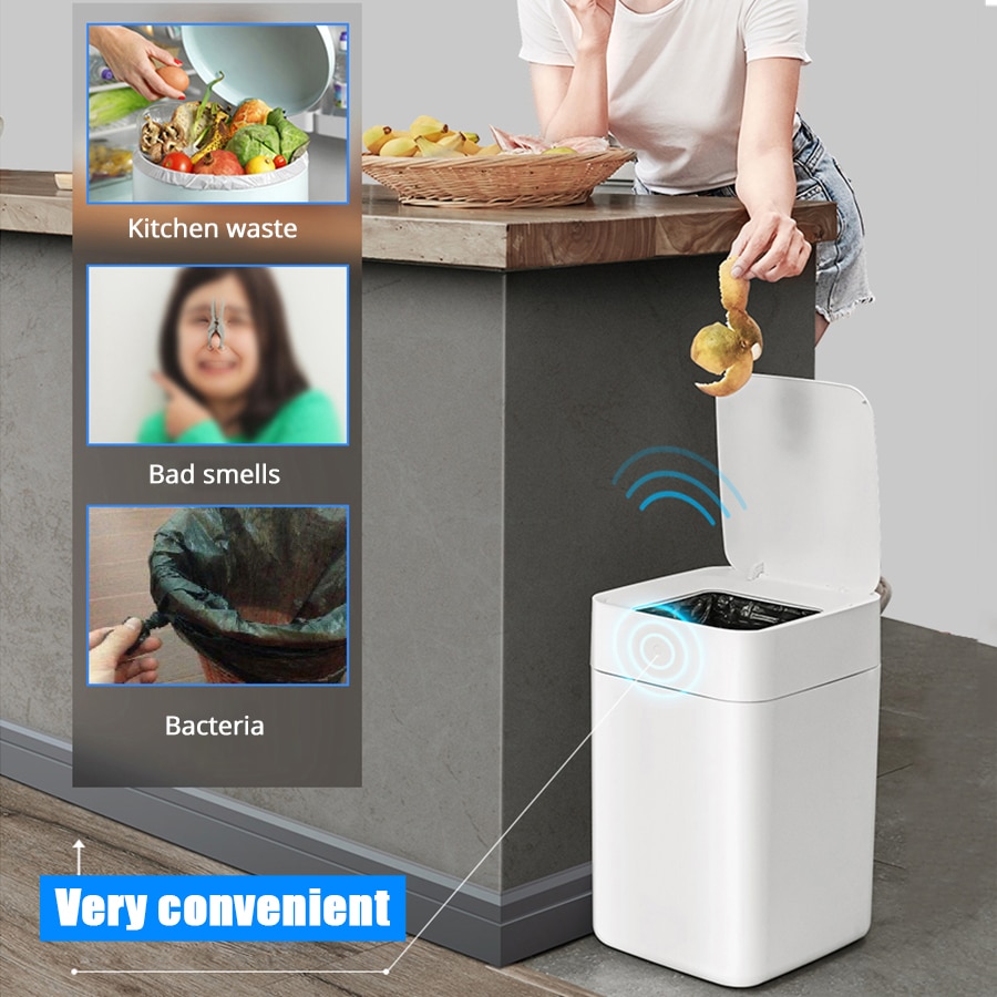 9L Desktop Sensor Prullenbak USB Opladen Intelligente Inductie Vuilnisbak met Opvouwbaar Deksel voor Bed (Wit
