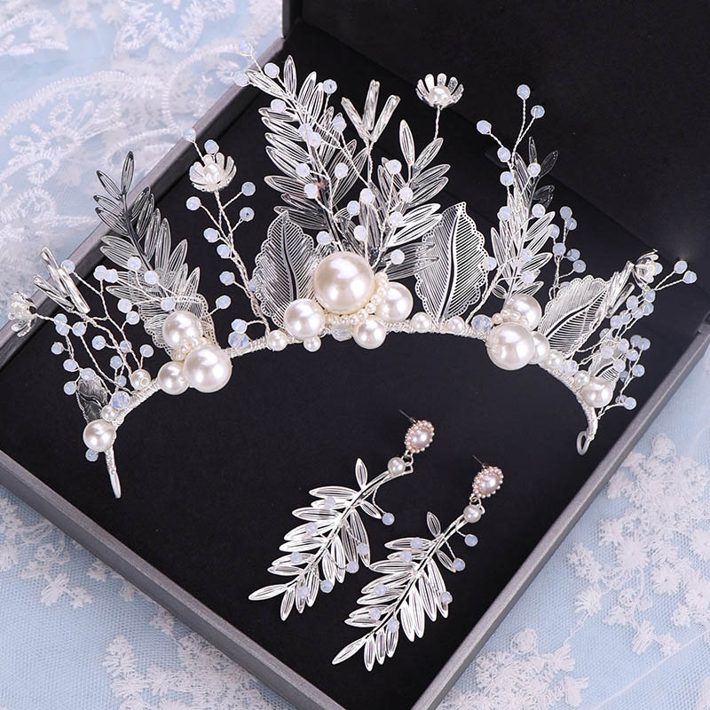 GETNOIVAS Silver Color Leaf Pearl Crystal Tiara Crown Headpiece Earrings Set Women Jewelry Wedding Hair Piece Hair Accessorie SL: Default Title