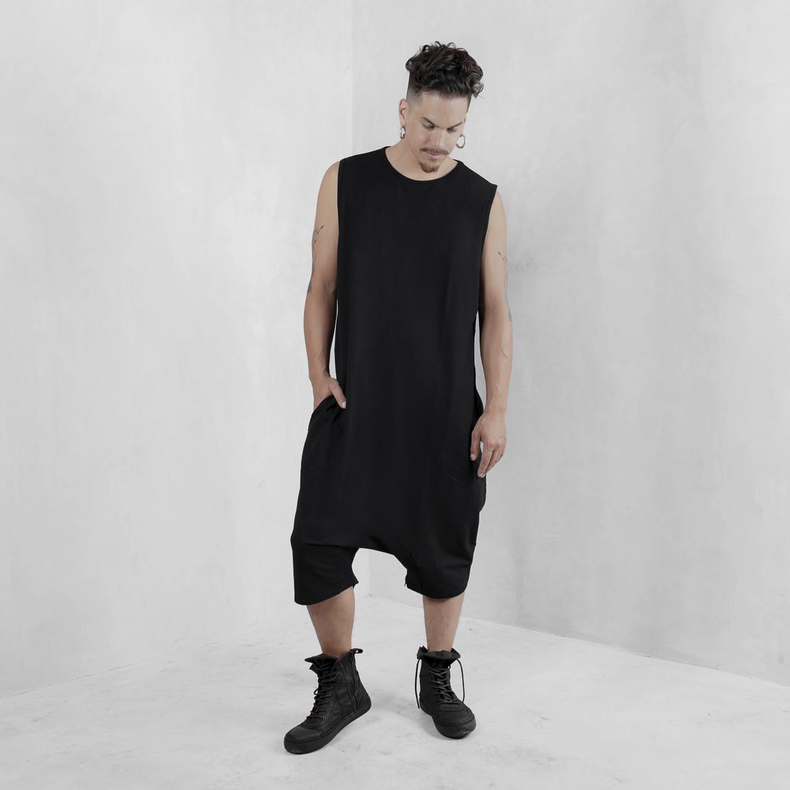 Summer Men Jumpsuit Sleeveless Loose Black Pants Romper Solid Color Round Neck Low Crotch Jumpsuit Oversized Rave Outfit