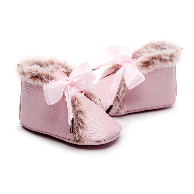 -né bébé bottes en simili cuir polyuréthane hiver anti-dérapant velours premiers marcheurs filles garçons doux semelles chaussons enfant en bas âge Bowknot à lacets chaussures