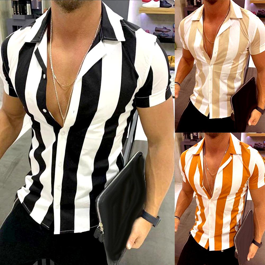 Casual heren turn down kraag korte mouw verticale strepen knoop slim overhemd casual overhemd makkelijk te combineren perfect