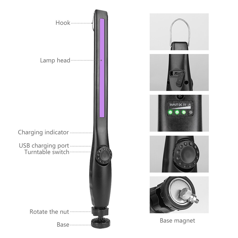 Usb ladattava kannettava ultraviolettilamppu uv-sterilointivalo bakterisidinen lamppu kädessä pidettävä uvc-desinfiointivalo led-työlamppu