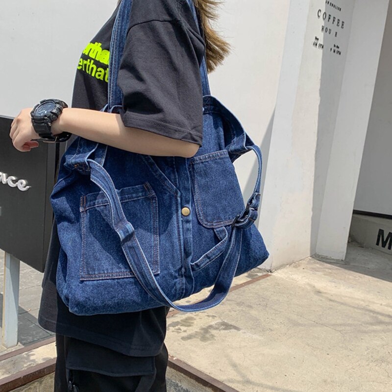 Nova rede vermelho denim bolsa de ombro mensageiro casual selvagem portátil sacola de compras lona bolsa feminina azul marinho