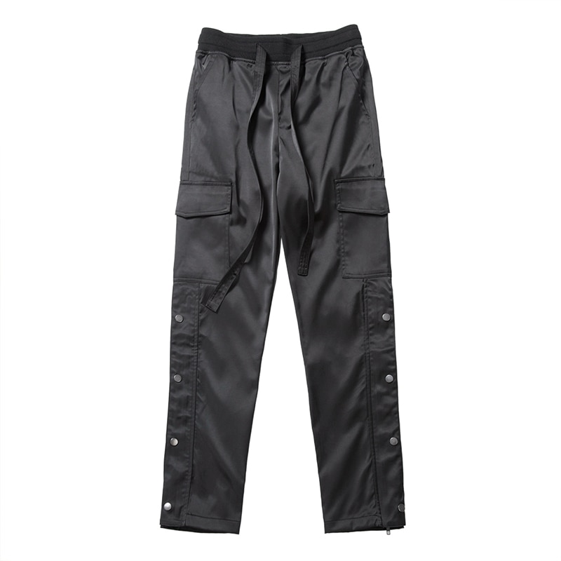Sorte nylon snap cargo bukser herre urban streetwear punk hip hop sweatpants herre stropper knapper velcro rem lukning bukser