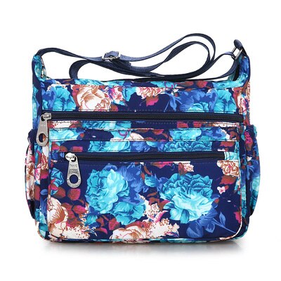 Kvinder ensfarvet lynlås vandtæt nylon skuldertaske floral crossbody taske bolsa feminina: 7