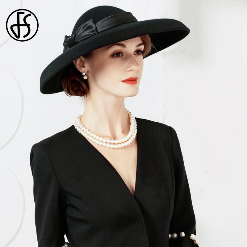 Fs fedora hoeden dames grote rand zwarte wollen hoed winter vilt kerkhoed voor bruiloft bolhoed cloche hoeden derby sombrero vrouw