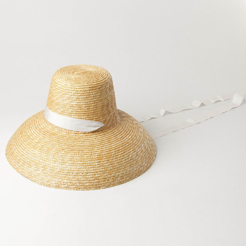 Chapeau de paille de blé pour femmes, grand chapeau souple d&#39;été avec ruban noir et blanc, cravate en dentelle, chapeau de soleil à large bord de 15cm, Protection UV, casquette de plage: Natural with White