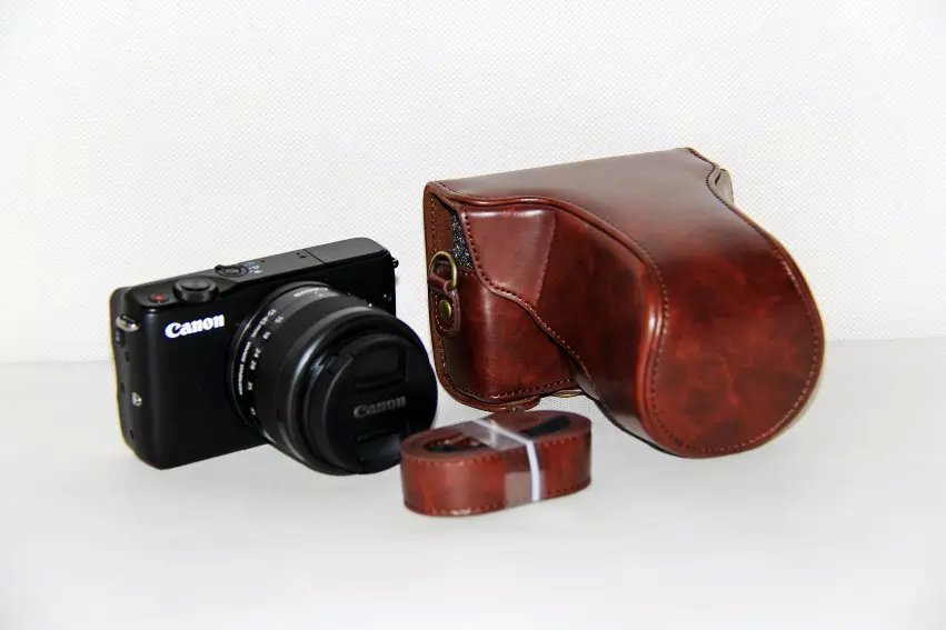 Funda de cuero PU para cámara Canon EOS M10 EOS M100 EOS M200, bolso de hombro protector con correa: Coffee