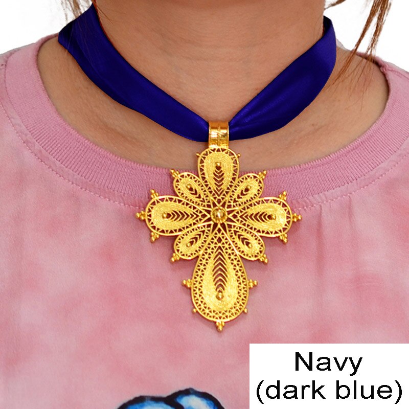 Anniyo Ethiopian Cross Pendant DIY Rope Chain for Women Girls,Gold Color Eritrea Jewelry African Crosses #217006: Navy