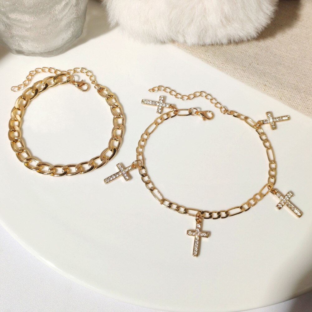 Flatfoosie Hip Hop Crystal Cross Hanger Enkelbanden Voor Vrouwen Golden Metal Link Voet Ketting Strand Sandalen Been Enkelband Sieraden