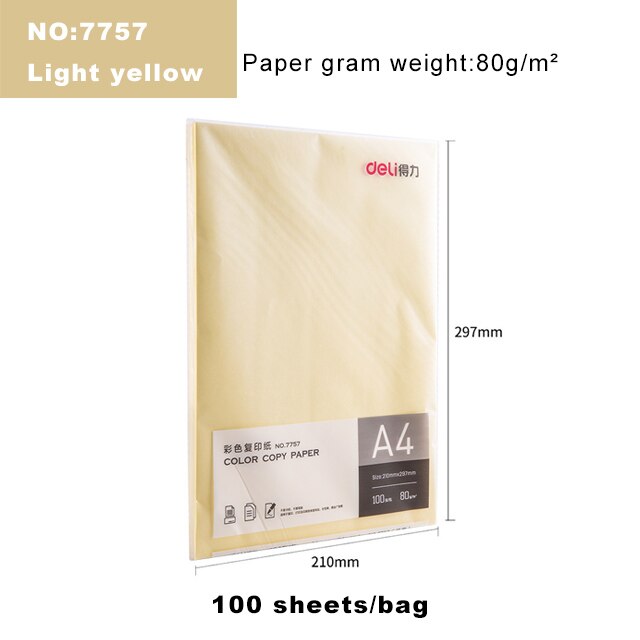 Deli Color Copy Paper A4 Color Computer Printing Paper 100 Sheets/Pack Student Hand-cut Paper-cut Office Supplies: 7757-Light yellow
