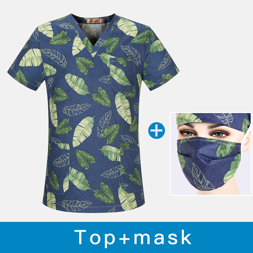 Atmungsaktive frauen Peeling oben Baumwolle einstellbare Uniform Blau Drucken Uniform V-ausschnitt Hemd labor Arbeitskleidung Neue oben + Hütte: oben Maske / XXL