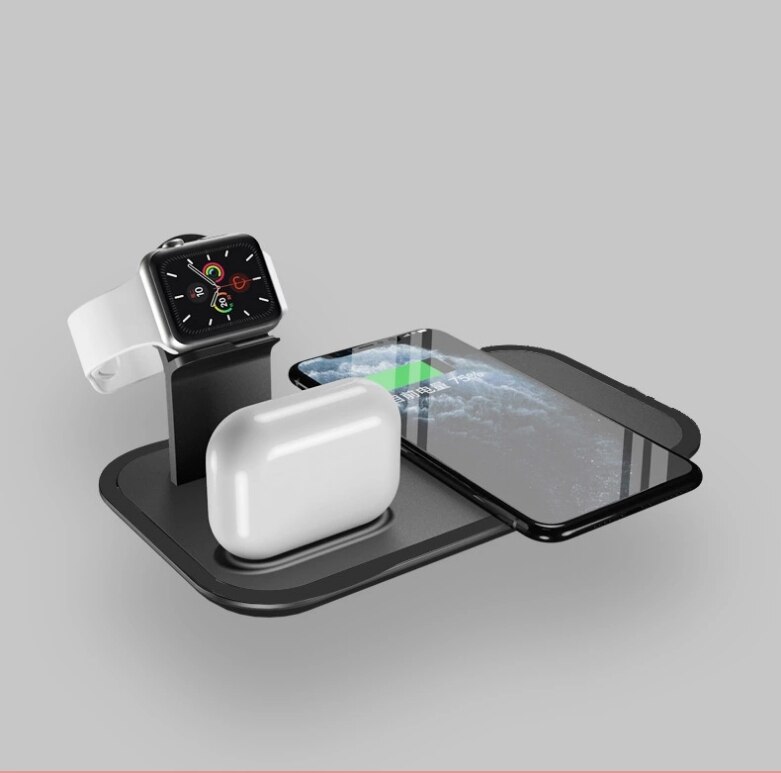 5 em 1 multifuntional carregador sem fio para apple relógio airpods airpods pro iphones série 10w rápida doca de carregamento sem fio: Black