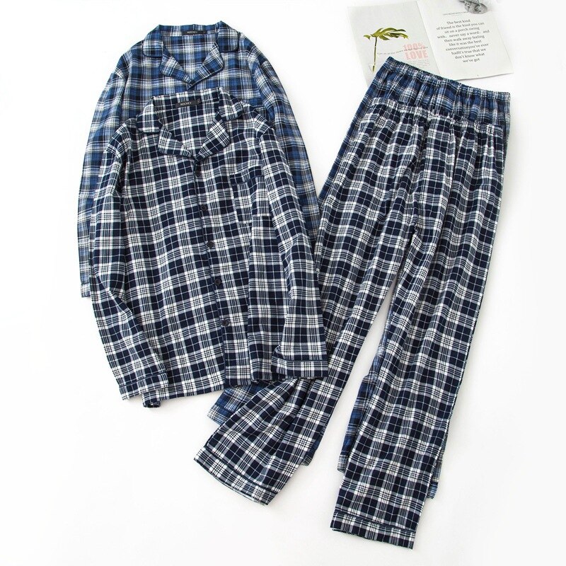 Man Herfst Winter Lange mouwen Broek Pyjama Set Vol Katoen Plaid Heren Pyjama Lange Slaap Nachtkleding mannen Slapen pyjama