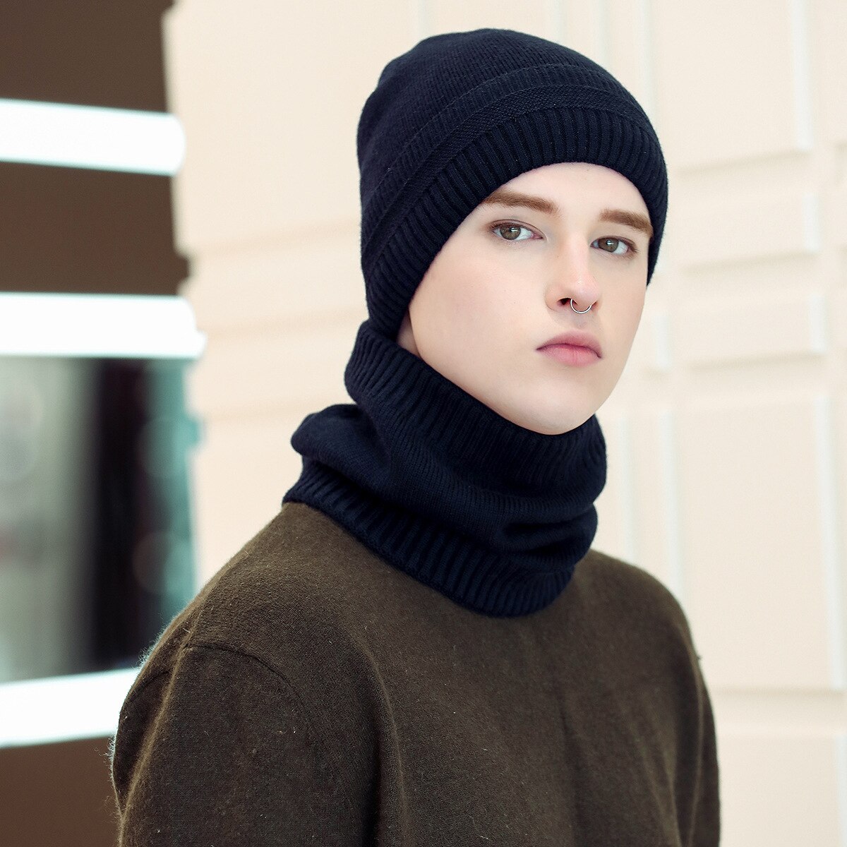 Todelt kjole pluss fløyel polstret krage kaldtett ørebeskyttelseshatt vinter menn og kvinner varm utendørs reisedrakt: Marinen