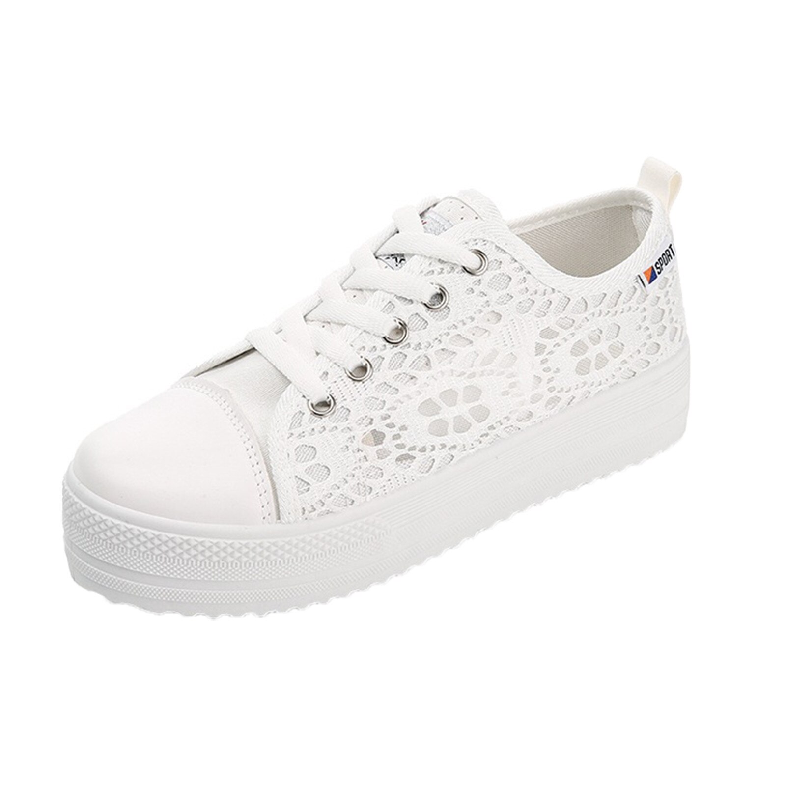 Vrouwen Mode Effen Kleuren Lace Casual Platte Mesh Ademend Platform Canvas Lace-Up Enkele Wandelschoenen Sneakers Schoeisel # G4: WHITE / 10