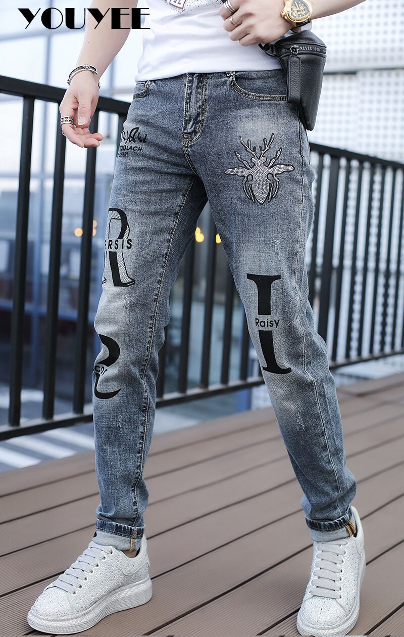 Pantalones vaqueros rectos para hombre, Jeans ajustados con taladro de insectos, ropa de calle informal de , novedad de