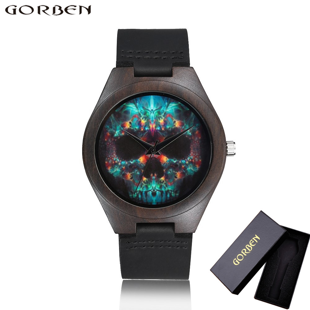 Relojes analógicos de madera para hombre y mujer, Reloj de pulsera de cuarzo con único de calavera, correa de cuero cómoda: W022Box