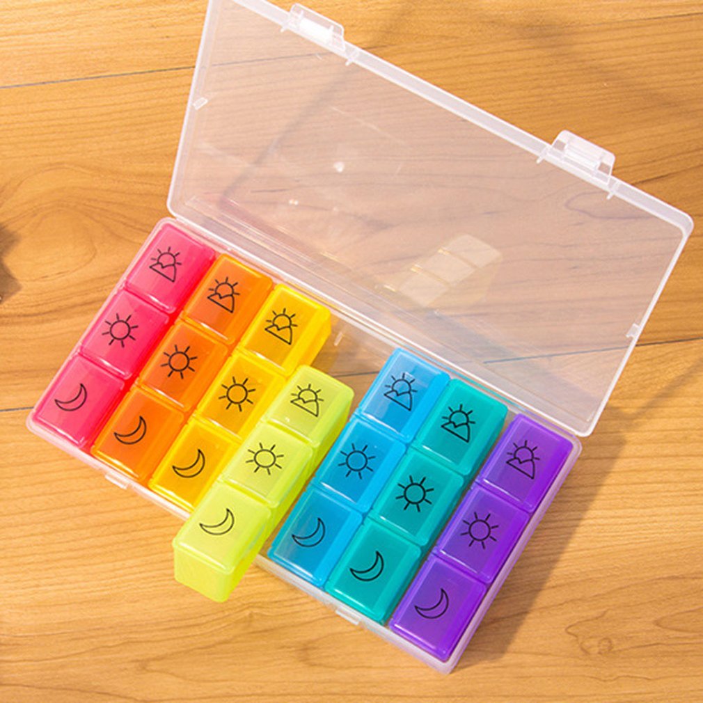 Vochtbestendig 21 Raster Kan Worden Split 7 Dagen Reizen Plastic Draagbare Geneeskunde Doos Verticale Kast Type Zeven Kleur Pil doos