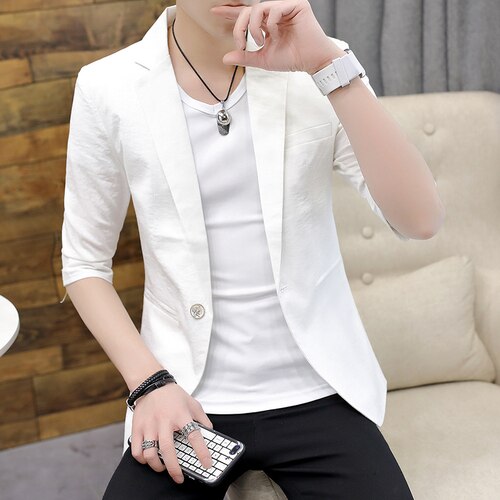 Hør herre blazer jakke sommer halværmet solid jakkesæt jakke casual business slim hvid blazer herre frakke ropa de hombre: Hvid / Xxxl