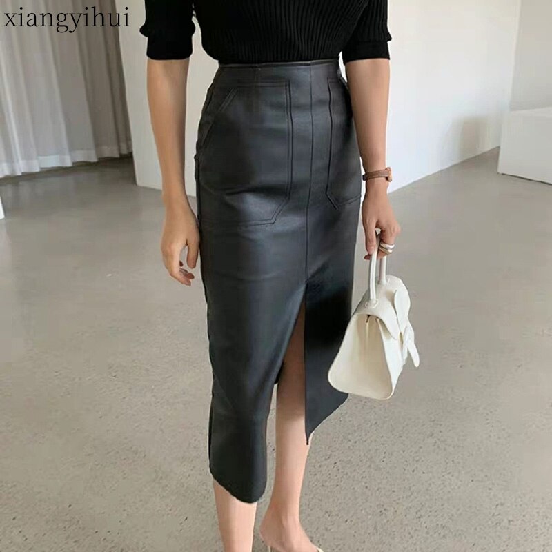 Pu Black Beige Sexy Women Pencil Skirt High Waist Package Hip Female Leather Skirts Midi Hem Split Club Skirt Bottomings