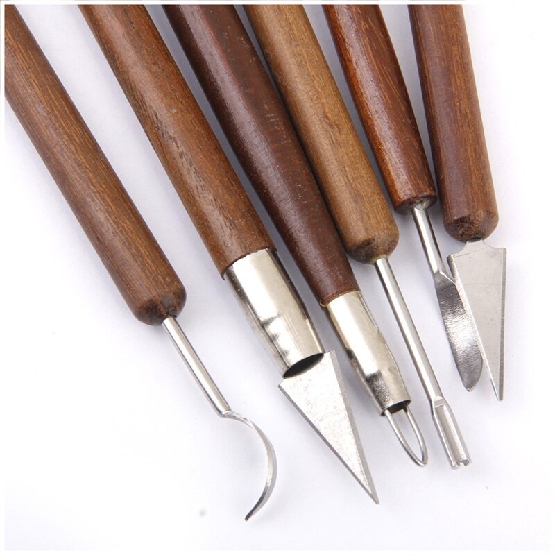 BMBY-Pottery Clay Sculpture Carving Modeling Tools Wooden Handle Set of 6pcs