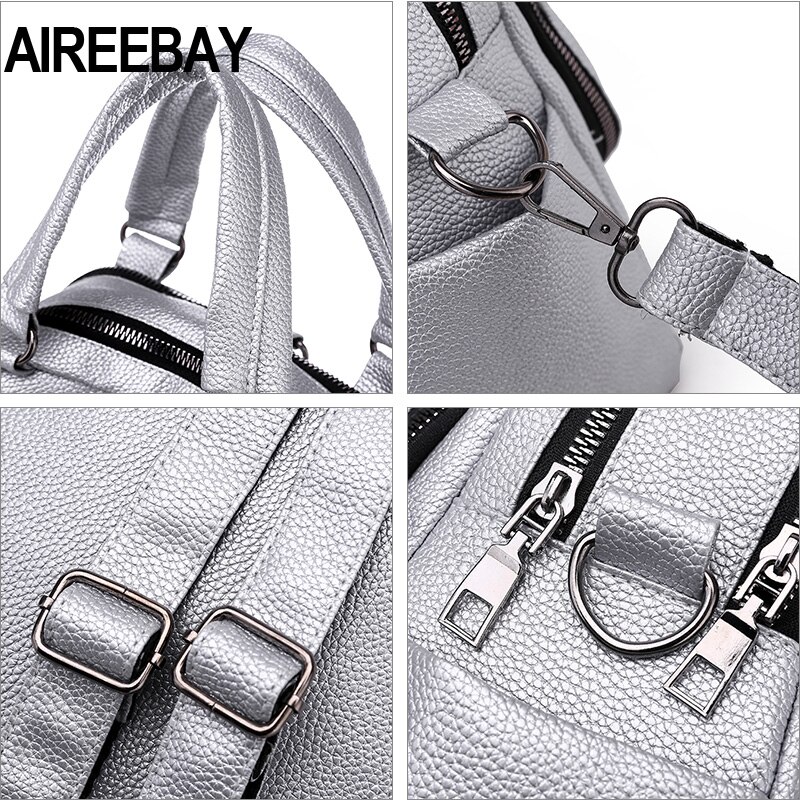 AIREEBAY Frauen Leder Rucksäcke Vintage Weibliche Schulter Tasche Reise Damen Bagpack Silber Schwarz Schule Taschen Für Teenager Mädchen