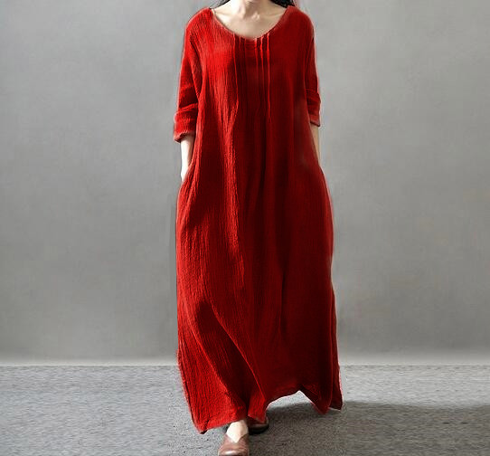 Sommer høst kvinner avslappet løs boho lange maxikjoler vestidos - bomulls- og lin vintagekjole: Xxxl / Rød