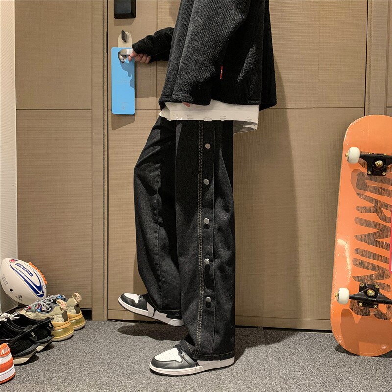 Winter Casual Joker Button Fly Jeans Loose Wide Leg Straight Denim Harajuku Trendy Cool Men Pants: 102502 Black / S