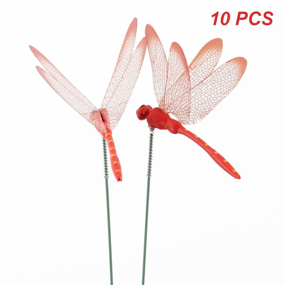 10 Stks/partij Kunstmatige Dragonfly Vlinders Tuin Decoratie Outdoor 3D Simulatie Dragonfly Stakes Yard Plant Gazon Decor Stok: Red