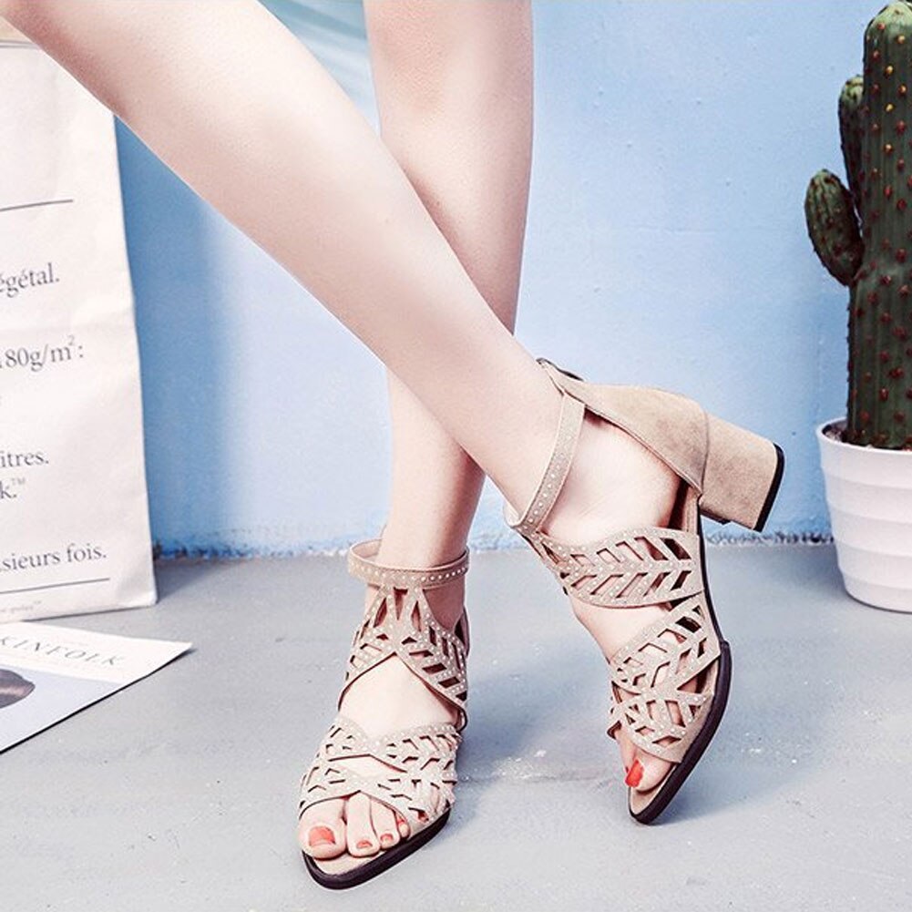 neue Stil Frauen Sommer Aushöhlen Faux Leder Strass Starke Ferse Reißverschluss Sandalen Schuhe Eur