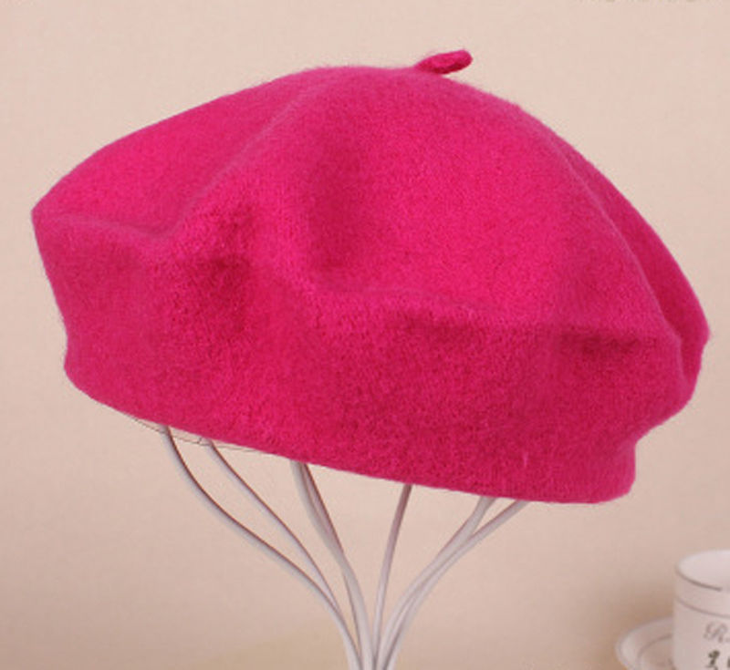 Béret en Laine Rétro et Style Artiste Français pour Femme et Fille Chapeau Vintage de Couleur Unie, , pour Dame, Hiver: Rose Red