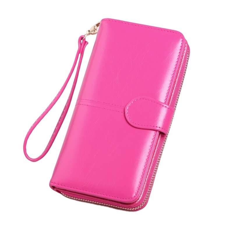 TENSUNVIS, Cartera de piel con cera de aceite , Cremallera larga, bolsa para teléfono móvil, cartera grande de cuero aceitado para mujer, tarjetero, cartera para mujer: Rose Red