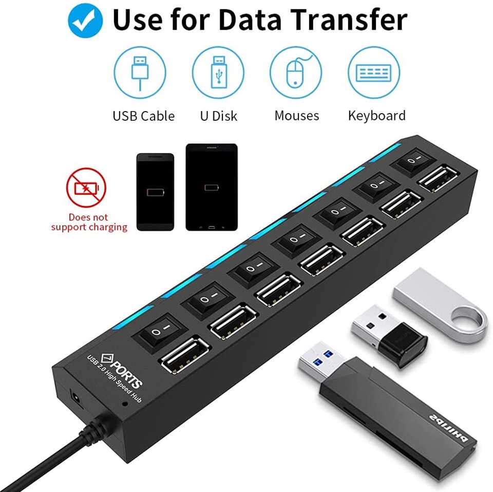 Multi Usb Hub 2.0 Mini Hub Usb Splitter 4/7 Usb-poorten Met Aan/Uit Schakelaar Hab Ondersteuning Power Hoge speed Pc Computer Accessoires