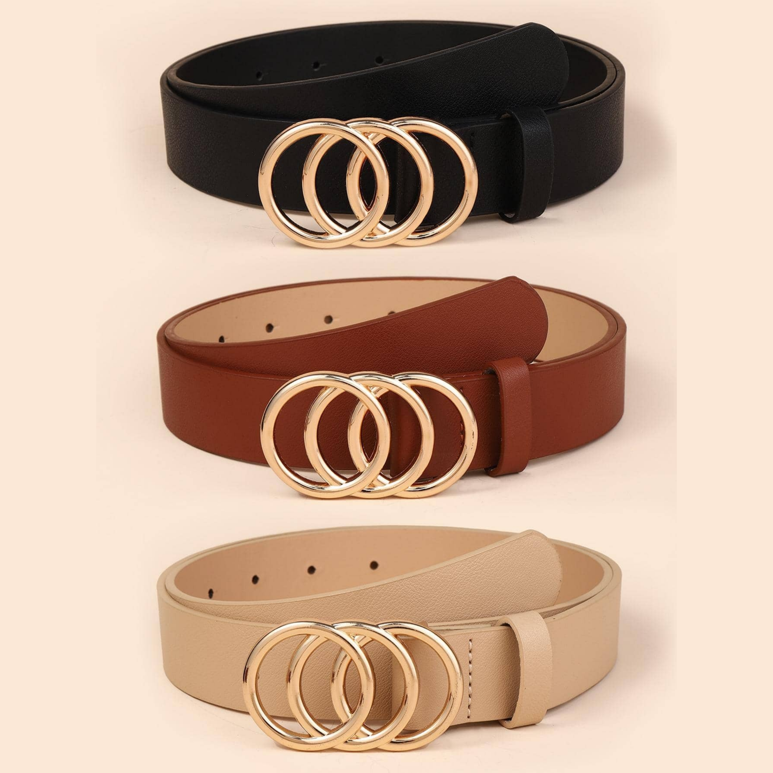 1 Juego de 2/3 Uds. De cinturones versátiles multicolores a la para mujer con hebilla Triple redonda, accesorios para pantalones vaqueros adecuados para uso diario: CAMEL / 100 cm