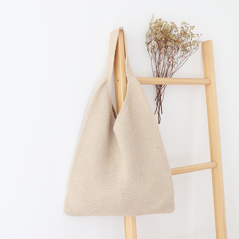 Retro Woman Woolen Yarn Knitting Shoulder Bag Soft Comfort Handbag Durable Tote for Travel School: Apricot