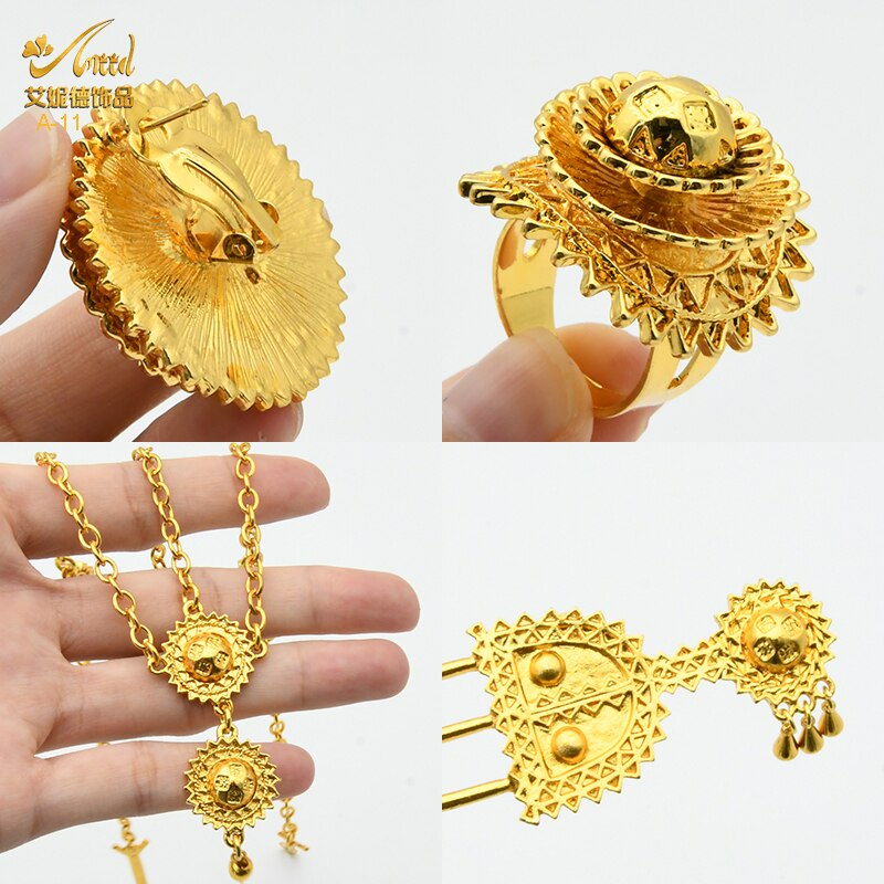 ANIID etiope da sposa 6 pezzi Set di gioielli collana di lusso Color oro marocchino africano Set regalo di accessori per feste di nozze nigeriane