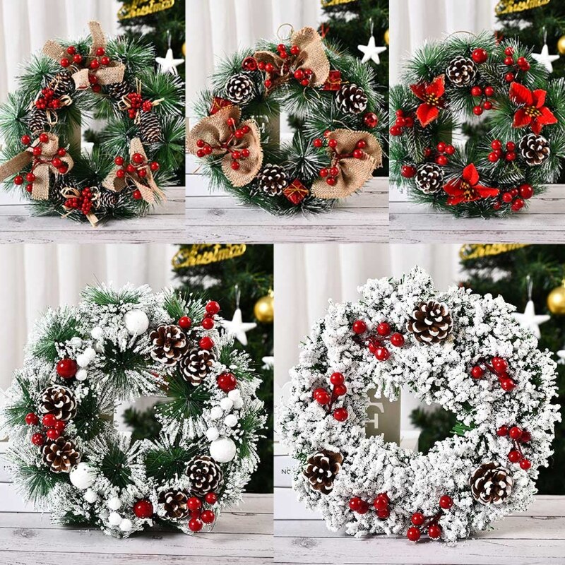 Christmas Wreath Artificial Pinecone Red Berries Garland Hanging Front Door Wall DIY Hanging Weaved Garlands Year