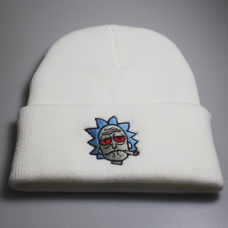 Rick Mützen Rick und Morty Hüte Elastische Stickerei Warme Winter unisex Gestrickte Hütte Skullies UNS Animation Ski Gorros Kappe: Weiß