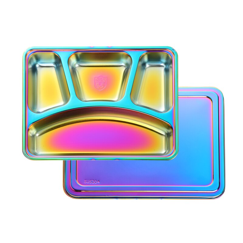 Stainless Steel Divided Dinner Tray With Steel Lid Lunch Container Food Plate for School Canteen Restaurant Buffet Tableware: rectangle rainbow