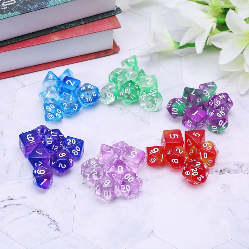 7pcs Transparent Sided Dice D4 D6 D8 D10 D12 D20 &amp; Dragon D&amp;D RPG Poly Table Board Game Set