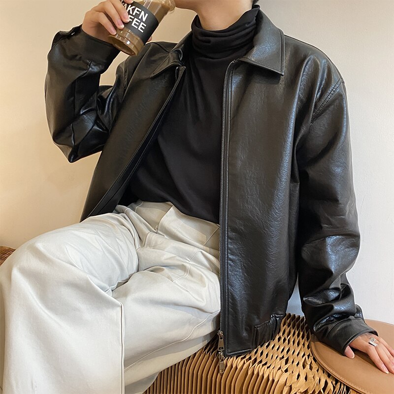 IEFB männer Kleidung Frühling Neue Übergroßen Mantel Koreanische Trend verlieren Beiläufige PU Leder Jacke Mantel Männlichen Reißverschluss Revers Kleidung 9Y4382: Schwarz / L