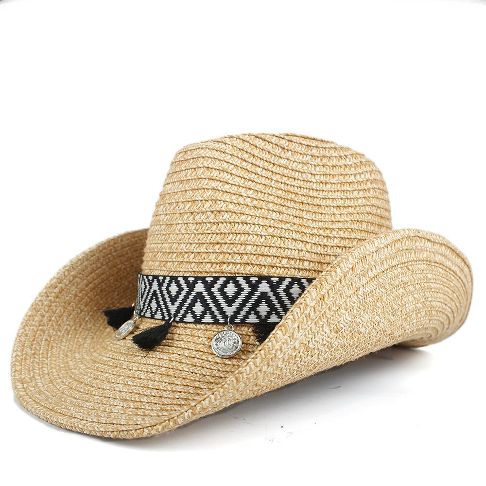 Boheme kvast kvindelige hule vestlige cowboy hat dame sommer halm sombrerocap strand cowgirl jazz sol hat: Khaki