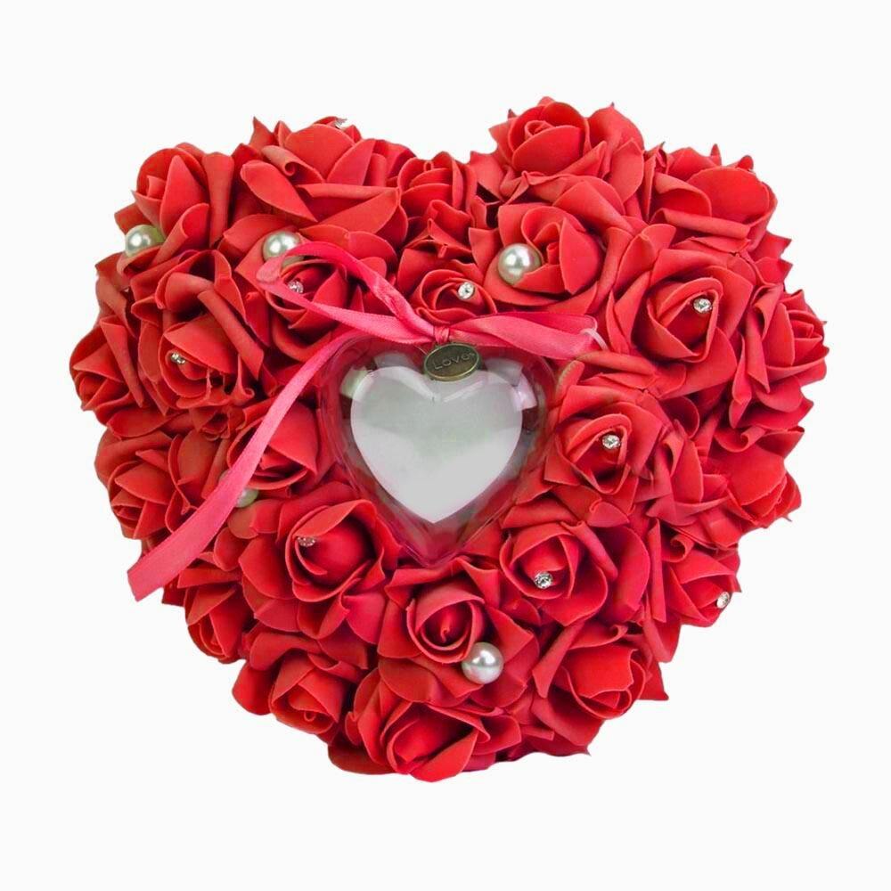 Wedding Ring Box Hang Ring Kussen Hart Strass Parel Ring Opbergdoos Foam Case Trouwbedankjes Decoratie: Rood