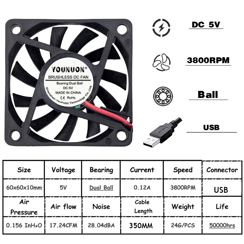 2 Stuks 5V 12V 24V 60Mm 6010 Dc Fan 60X60X10Mm 6cm Cooling Koeler Fan Computer Pc Cpu Case Cooling Kogellager Fan: 6010 5V Ball USB